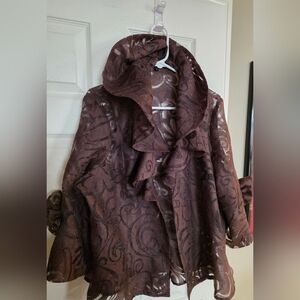 IC Connie K Brown Sheer Ruffle Neck Rose Sleeve Romantic Frilly Open Jacket XL